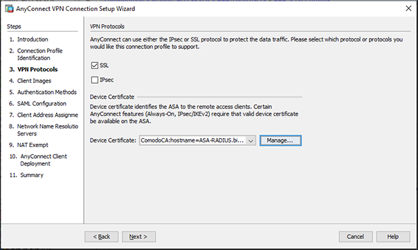 Selecting SSL and Choosing Device Certificate